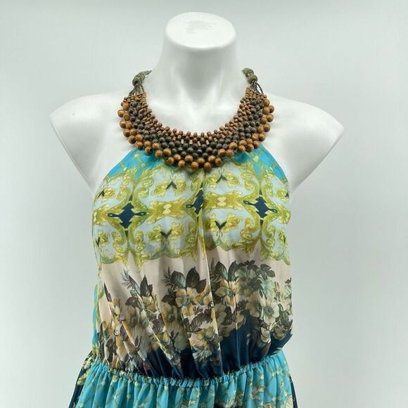 Aratta Silent Journey Boho Floral Halter Maxi Dress Lace Hem Large Goddess Style - Picture 2 of 16